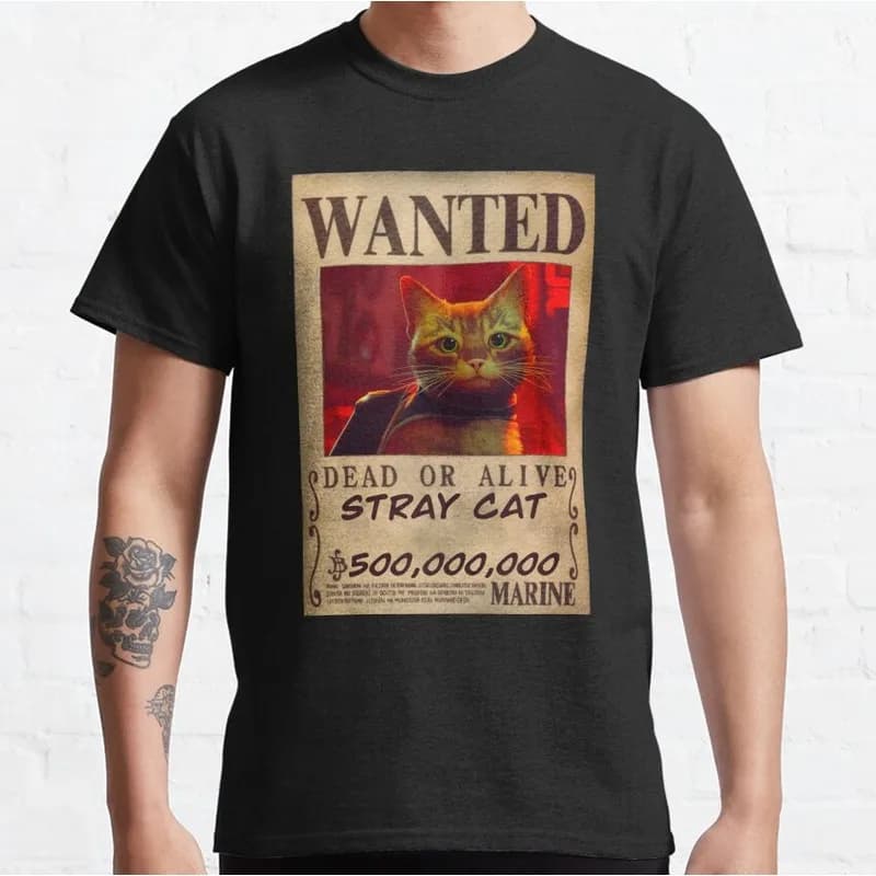 Stray Video Game Cat Graphic T‑Shirt O‑Neck Short Sleeve Unisex Tees Cyberpunk Stray Cat Print Casual Streetwear For Gamer Fans