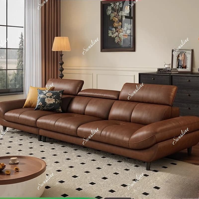 Retro leather sofa antique living room straight row small apartment adjustable headrest oil wax