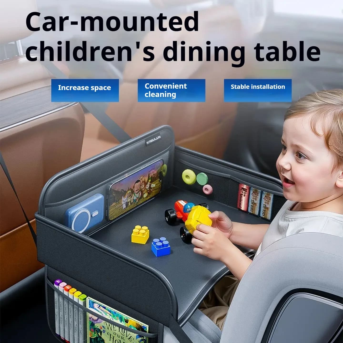 Leather Child Car Dining Drawing Table Universal Safety Seat Tray Backseat Children Table Tool Toy Phone Storage Pocket Lap Desk
