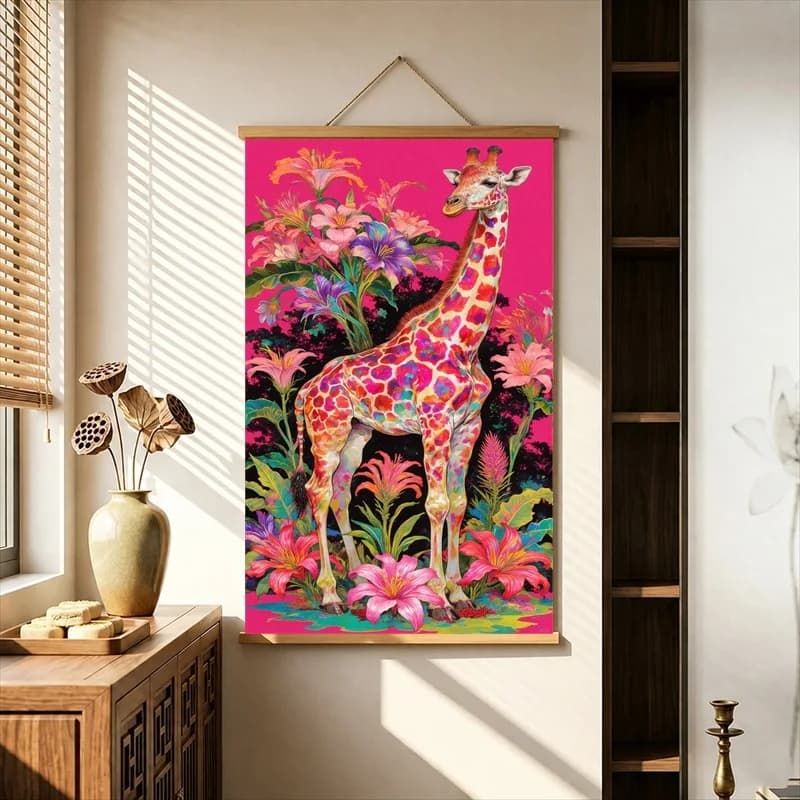 Wall Decor Pink Flamingos and Leopards in Tropical Flowers, Pearlescent Canvas Hanging Scroll for Boutique Cafe Interior Decor