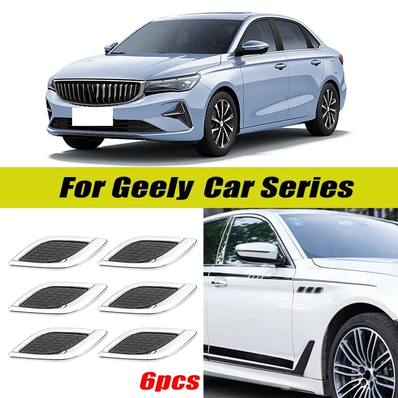 6Pcs Chrome / Black 3D Car Side Fender Air Vent Hood Scoop Outlet Cover Decorative Trim For Geely Car Series