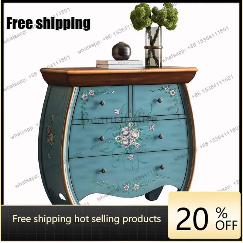 XX. American rural retro old hand-painted solid wood four-chest cabinet painted decorative cabinet
