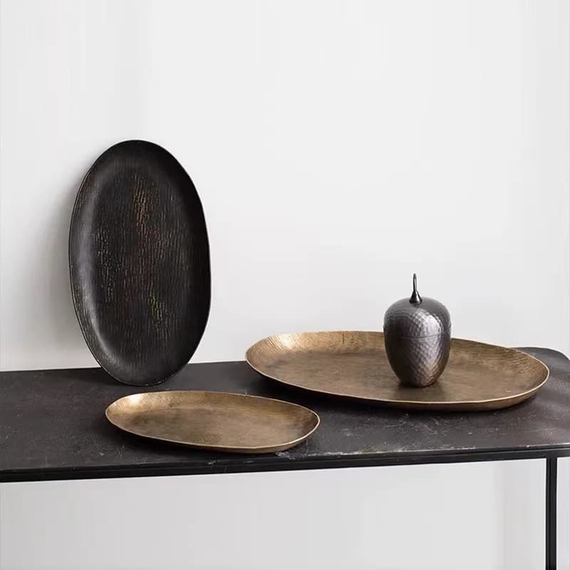 New Chinese rattan hammer oval tray gold black aluminum fruit plate home decoration table metal plate ornament