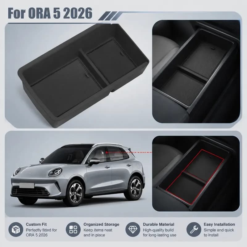 For ORA 5 2026 Center Console Armrest Storage Box Black Interior Organizer Tray Car Accessories Stowing Tidying Container