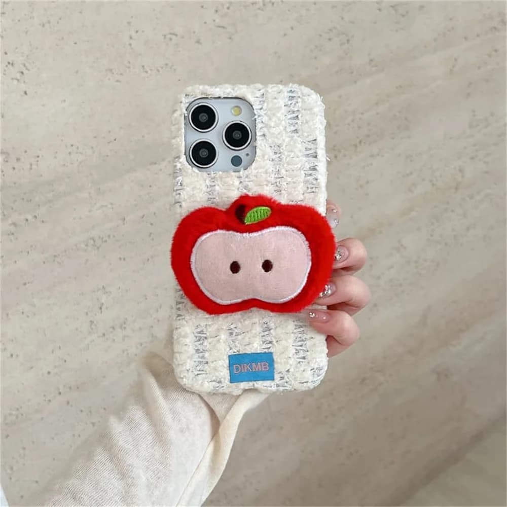 Korea Fashion Ins white For 3D Red Apple Phone Case For iPhone 18 Pro 14 15 16 17 Pro Max Cover Shockproof Cute Plush Cases Fur