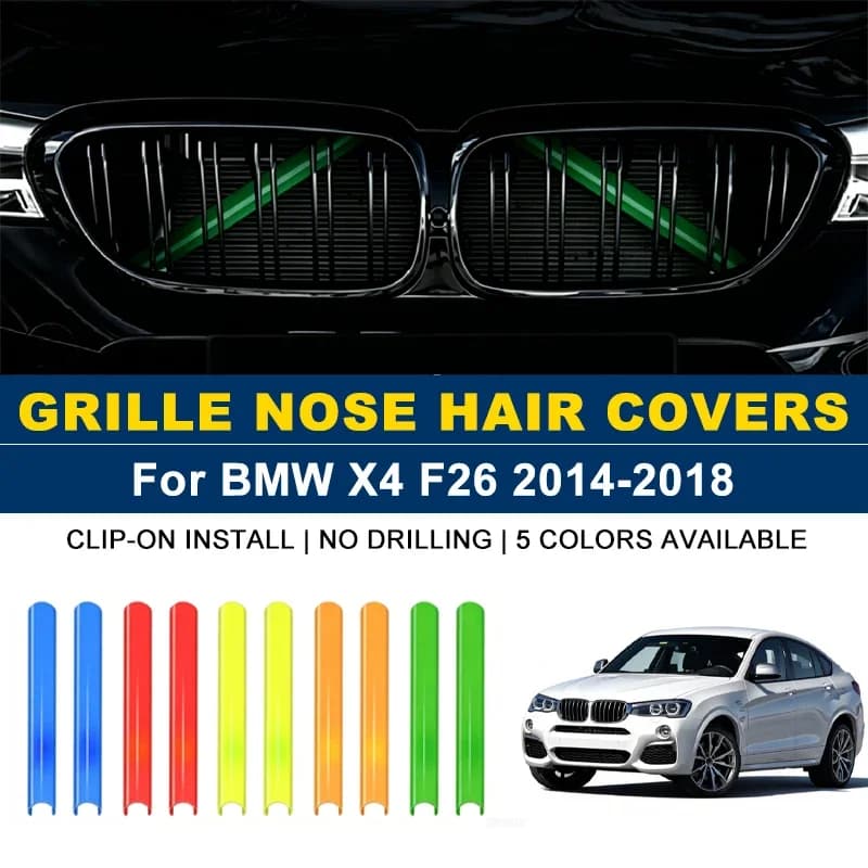 Clip-on Front Kidney Grille Trim Strips 2Pcs, No Drill Colorful Nose Hair Covers For BMW X4 F26 2014-2018 2015 2016 2017