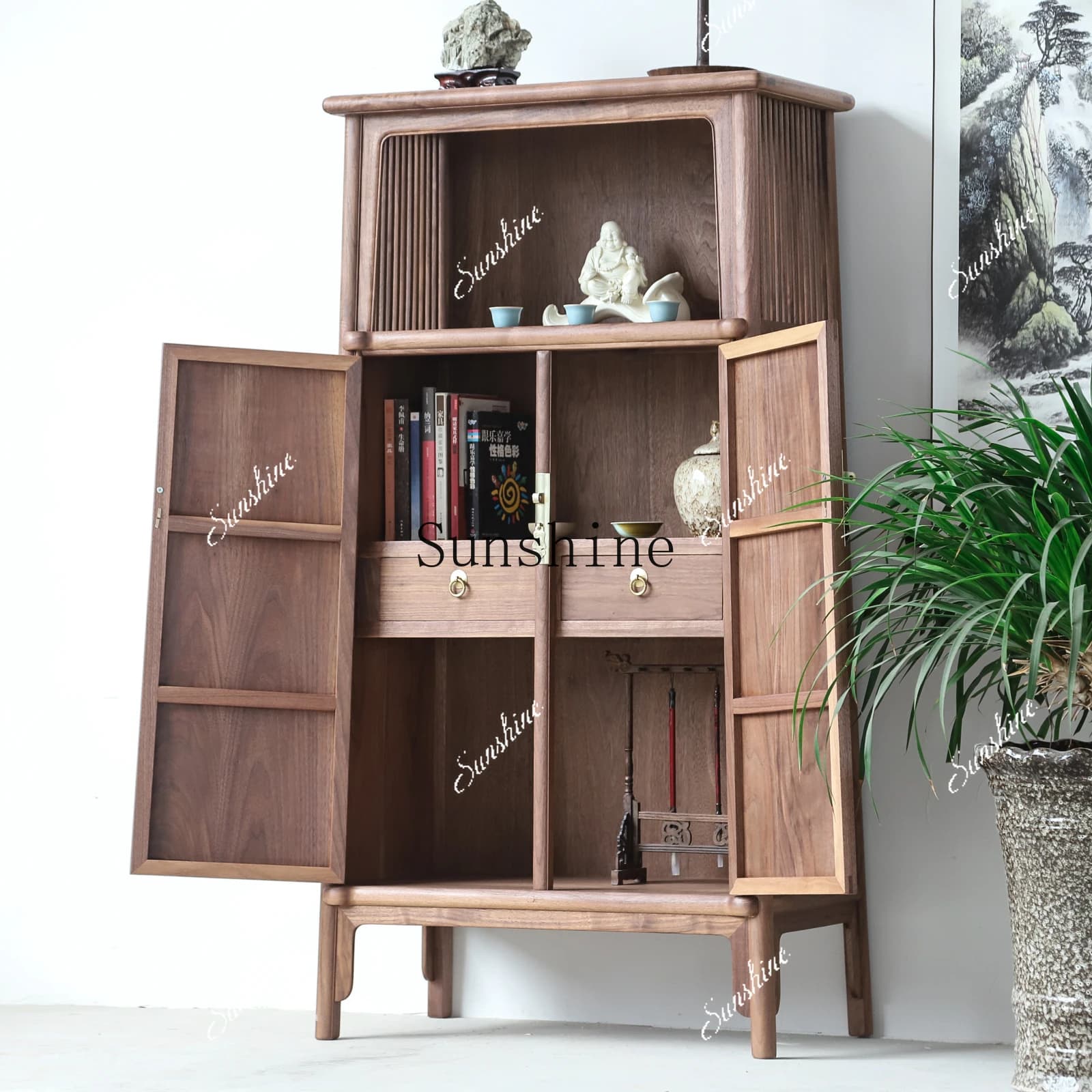 Ming-style Zen storage Chinese-style black walnut foyer porch cabinet Solid wood bookcase Paint-free furniture FT