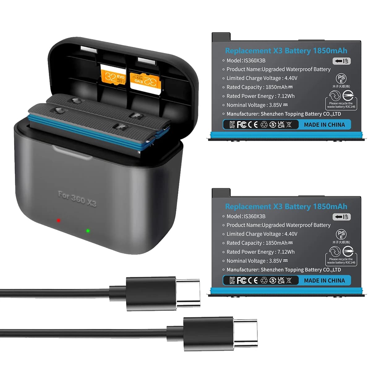 2 Packs 360 X3 Batteries with Charger Hub