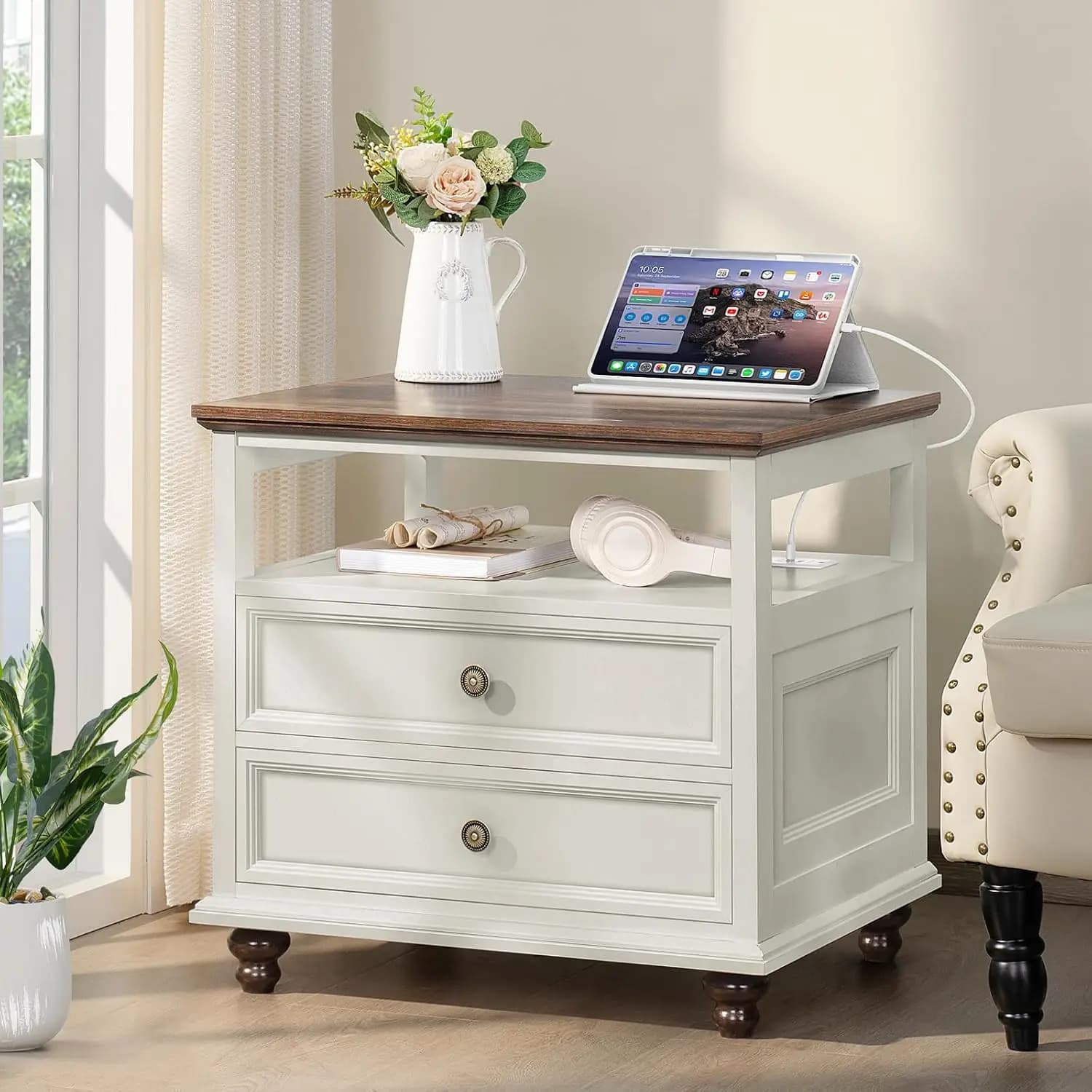 Farmhouse Nightstand Set of 2 with Charging Station, 24" Wide End Table with 2 Drawers,Dresser for Bedroom,Bed Side Table Chest