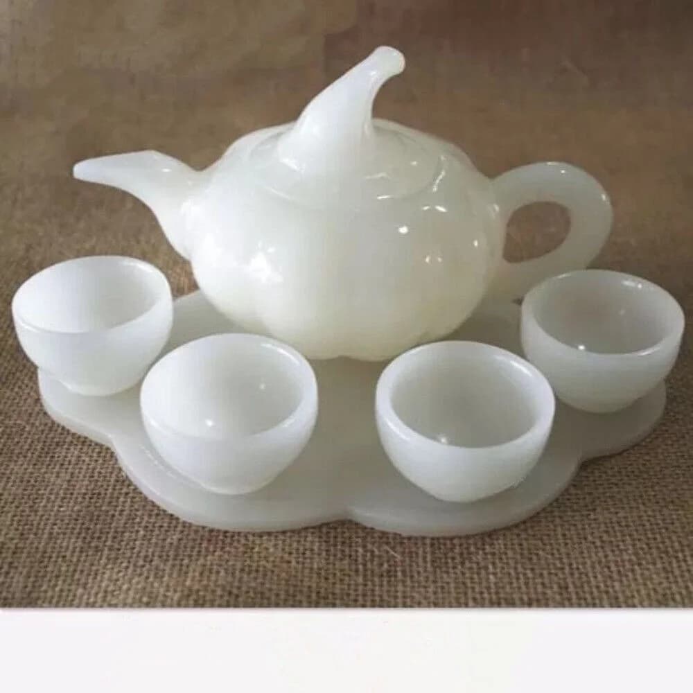 A Set of 5 Pieces White Jade Stone Tea Set Kung Fu Teapot Home Decor Jade Pot