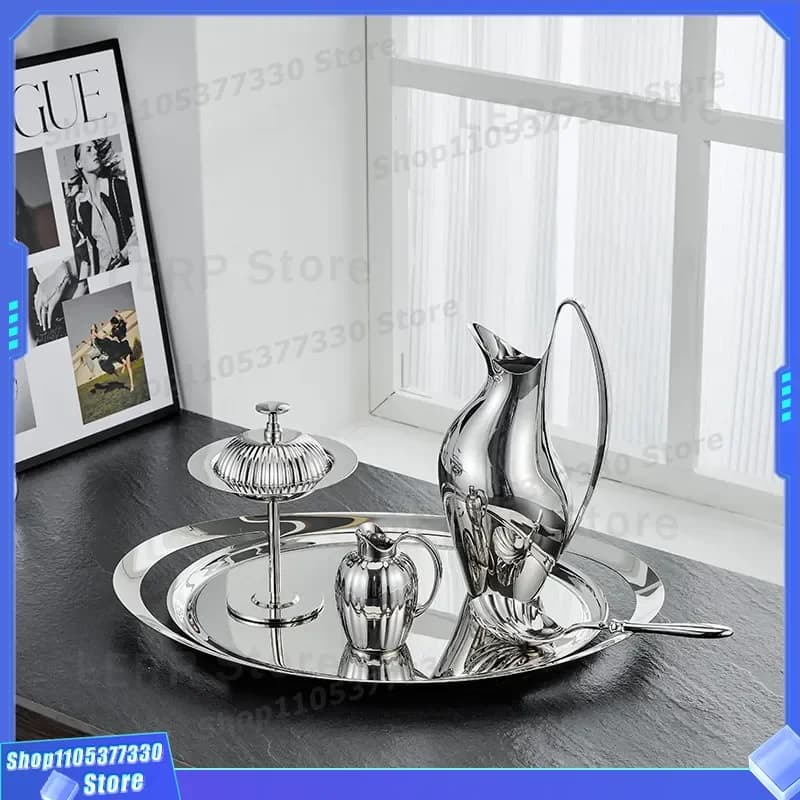 Luxury Stainless Steel Serving Tray for Kettle and Cups European Style Hotel Home Decor Housewarming Gift High End Storage