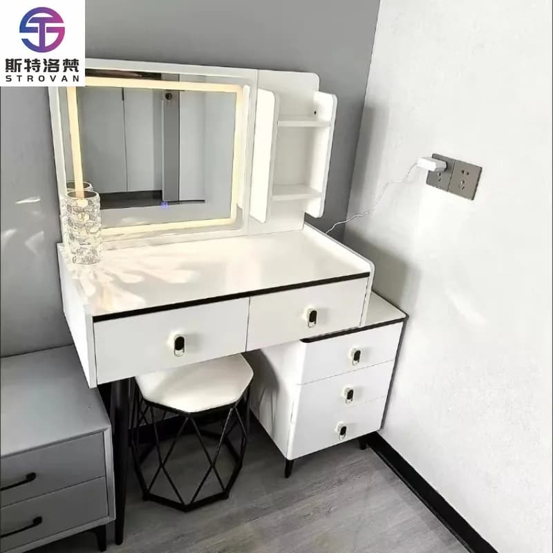 Wood Panel Dressing Table Panel Bathroom Vanity Cabinet Furniture with Led Light and Mirror
