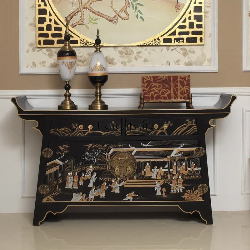 09Neoclassical Chinese Style Black Gold-Trimmed High-End Villa Club Entrance Hallway Decorative Cabinet