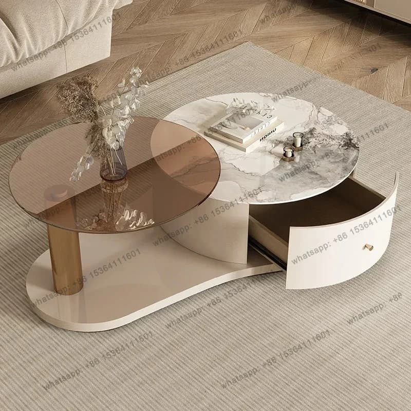 yj9 Cream wind creative rock slab coffee table small apartment household round modern simple glass with storage