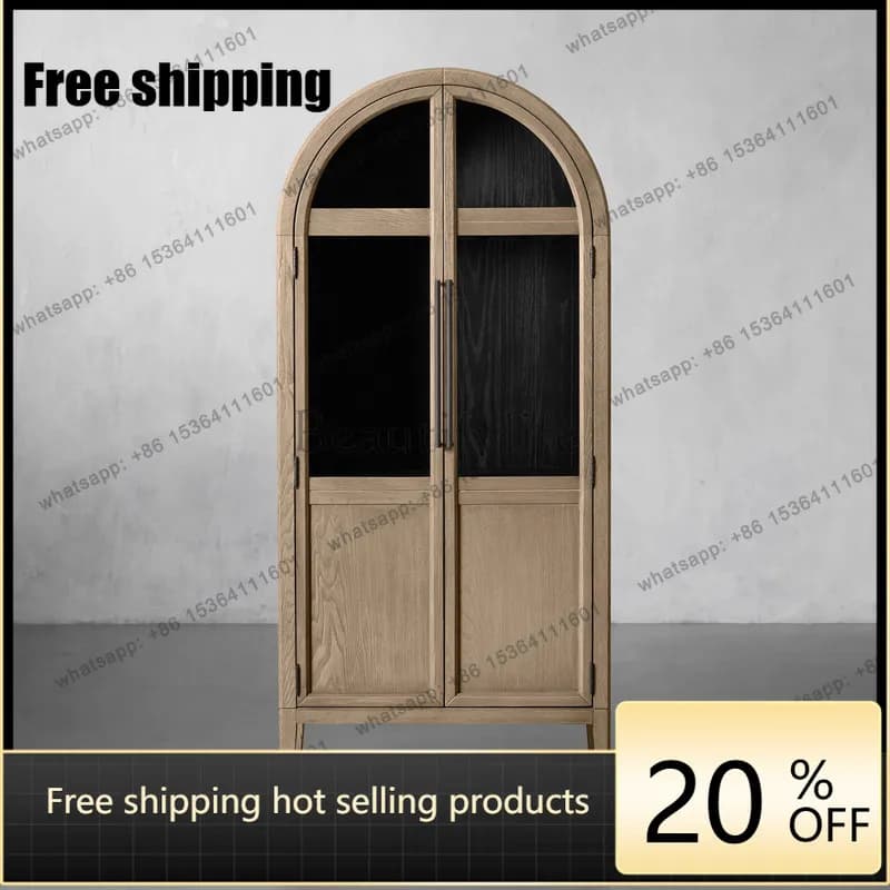 hot  American solid wood wine cabinet ash wood retro old arched glass door side cabinet can be customizedFactory Direct