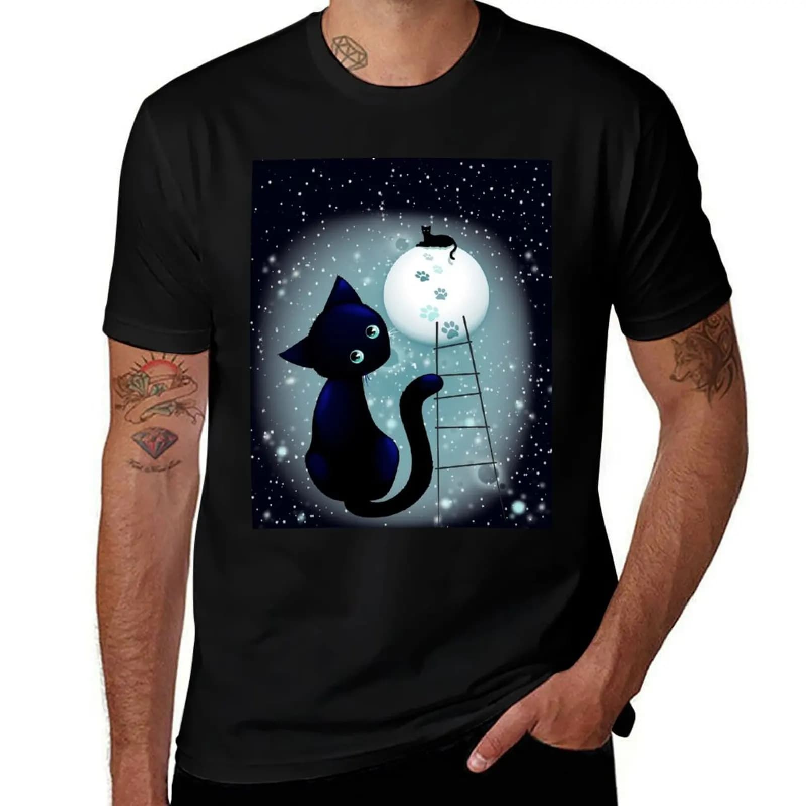 Blue Kitty Dream on the Moon T-Shirt Novelty Graphic Tee Shirt T-Shirt