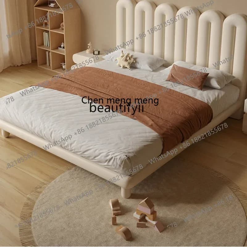 cc182Modern Simple Beige Bed Italian Leather Soft Bag Suspension Bed Small Apartment Children's Bedroom Minimalist Princess Bed
