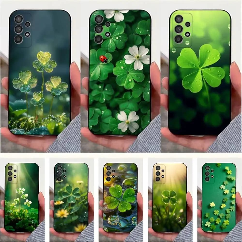 Clover Plant Four Leaf Case For Samsung S21,S20,S10,Plus,S9,S22,S25,Ultra,S24,S23,FE,Lite,Soft Silicone Black