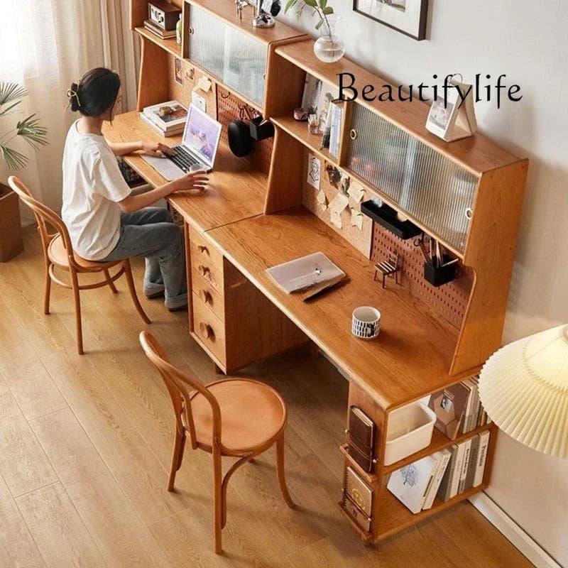 Solid wood double desk bookshelf combination modern computer desk cherry wood office study writing desk