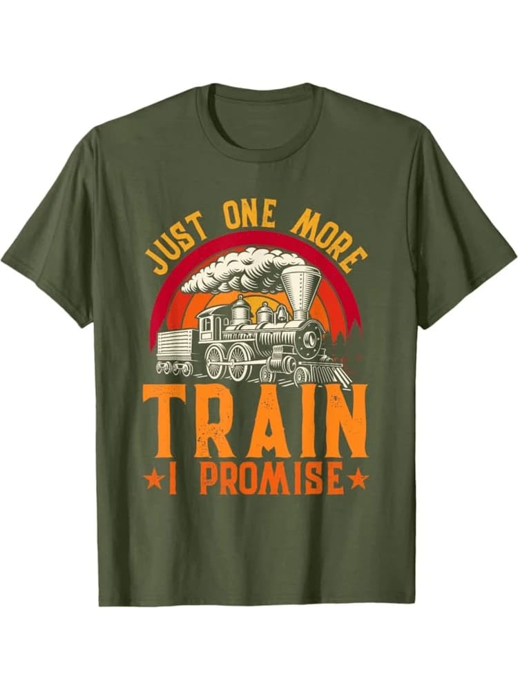 Funny Train Lover Graphic-Model Railroad with Steam Locomotive &Train Tracks Design-100% cotton O-neck printed men's T-shirt.