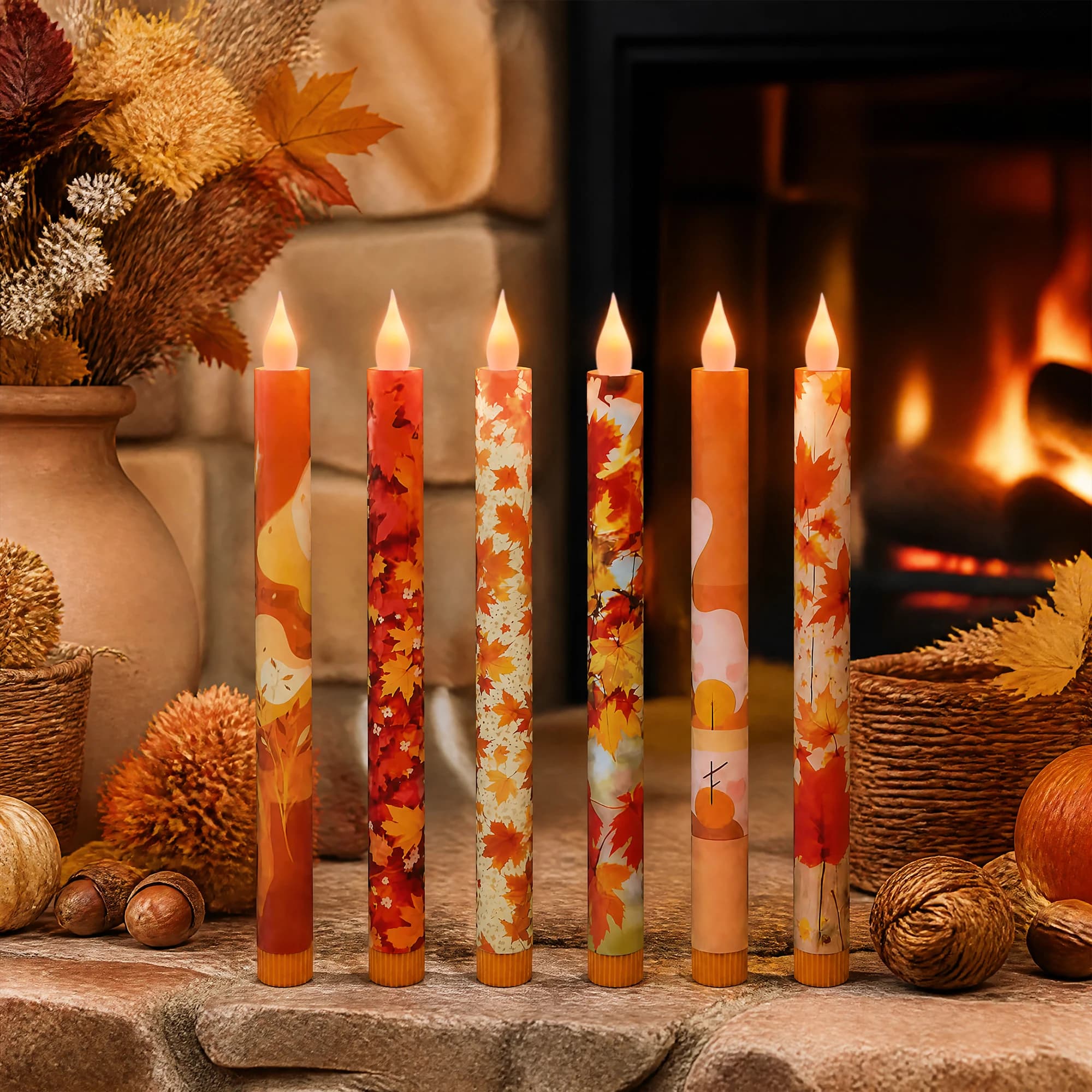 6Pcs a set Flameless LED Maple Leaf Taper Candle with Timer, 2/4/6/8H Auto Timer Battery Operated Flickering Realistic Flame, Electric Candlestick for Christmas Wedding Party Home Decor