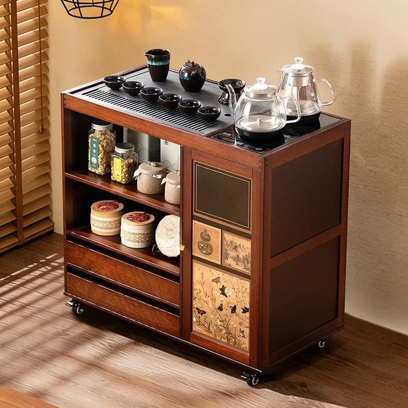 Medieval style movable tea cabinet, solid wood edge table, mobile small coffee table, living room sofa corner, multi-functional