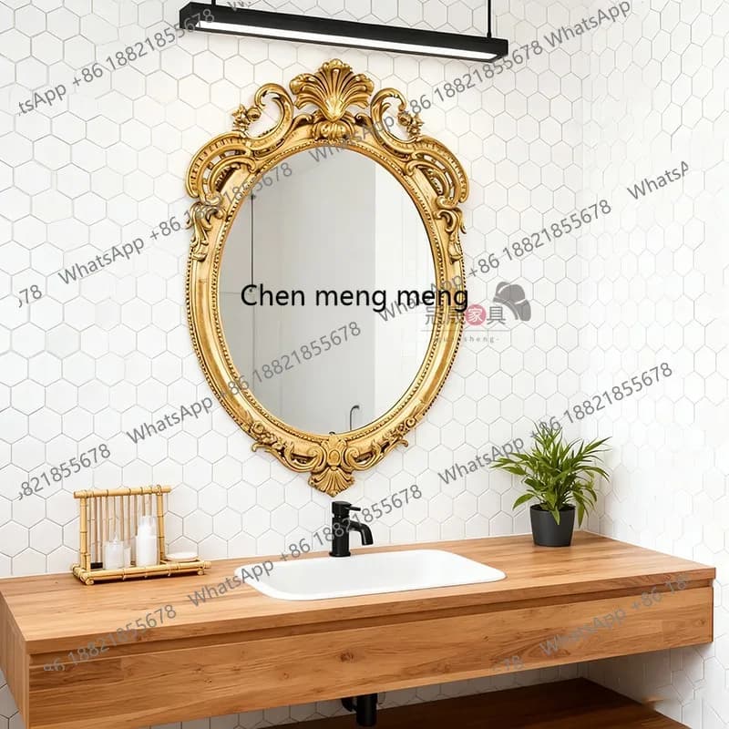 French retro wall-mounted bathroom mirror European carved cosmetic mirror oval decorative mirror