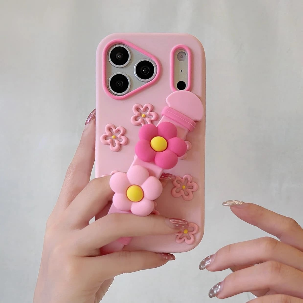 Kawaii Pink 3D Flower Silicone Phone Case with Wristband Hand Grip, Anti-drop Protective Cover for iPhone 17 16 15 14 13 Pro Max