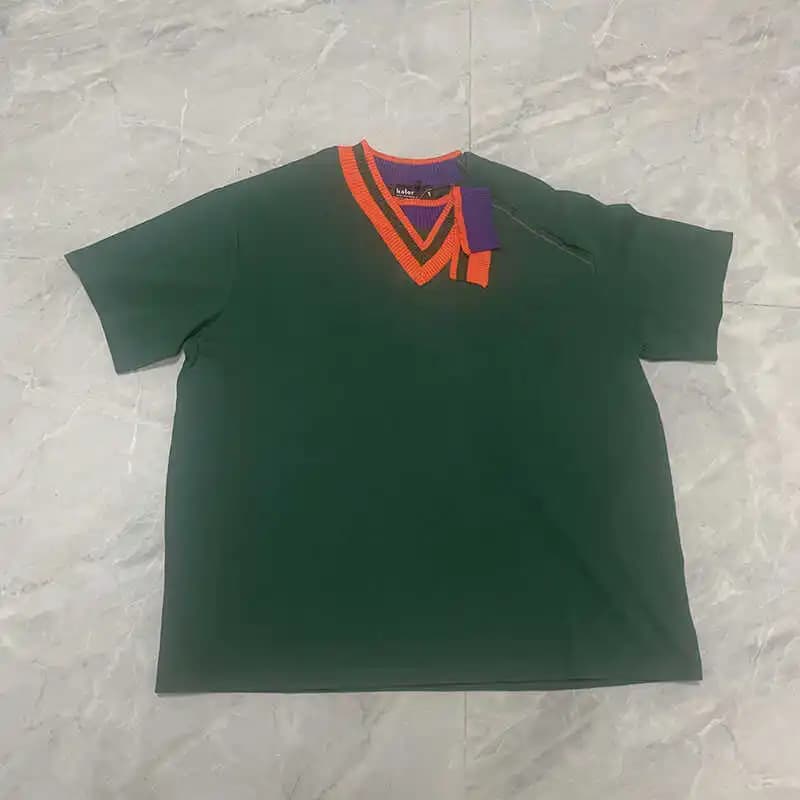 Kolor Summer Color Contrast Irregular Splicing Knitted V-neck Collar Simple Loose Short Sleeved T-shirt