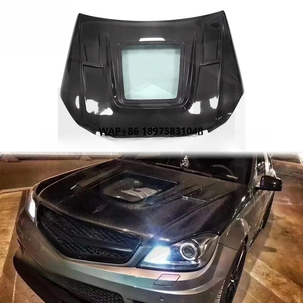 High Quality Carbon Fiber Clear Tempered Glass Hood for C-Class W204 C63 Front Engine Valve Cover 2008-2014