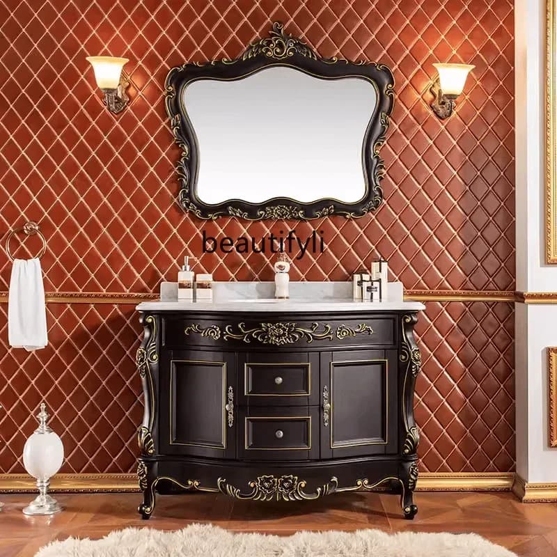 Black European bathroom cabinet Wash top Combination oak bathroom cabinet Toilet French washbasin cabinet