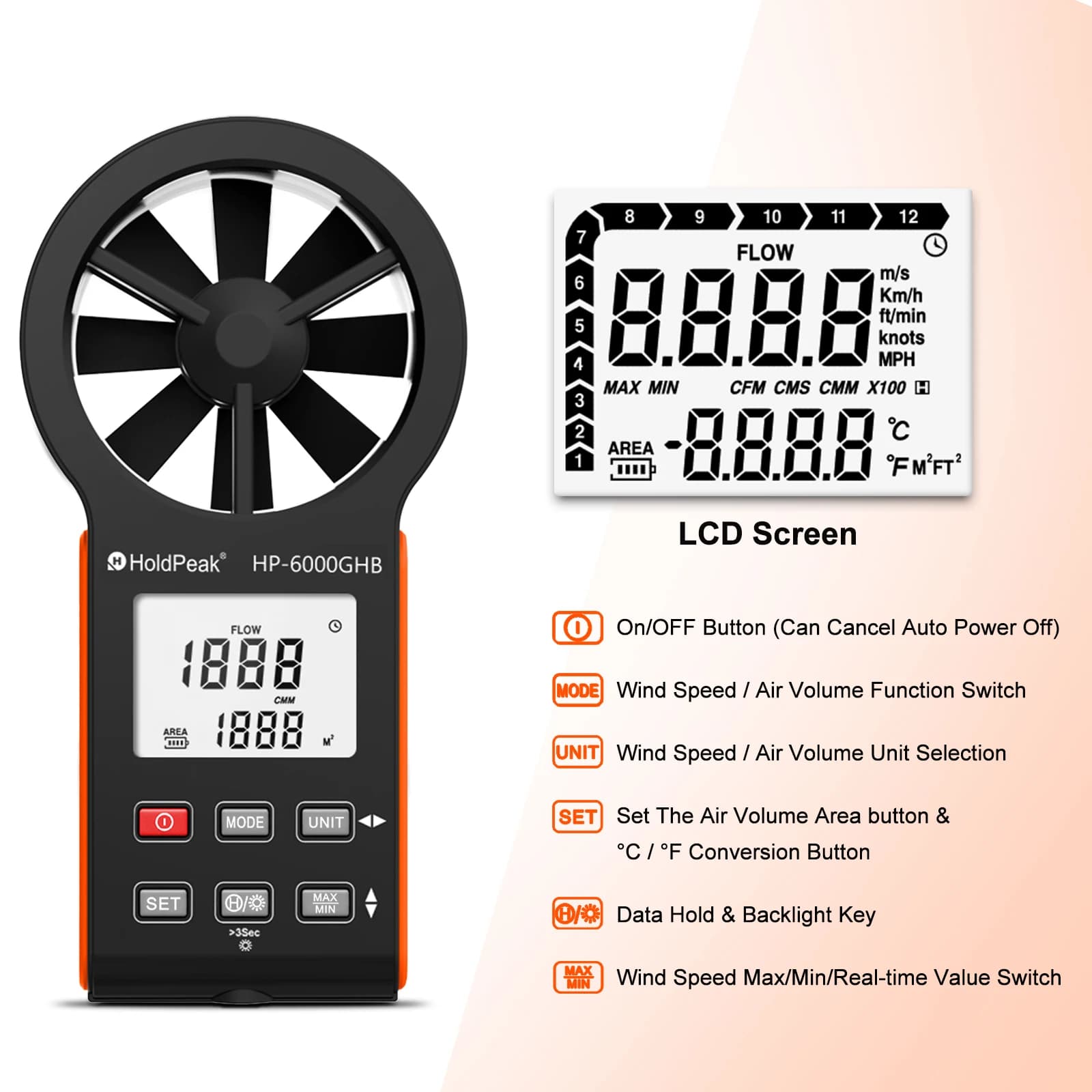 HP-6000GHB Anemometer Wind Speed Meter Air Flow with Backlight Type-C Rechargeable for HVAC Drone 0.3-30m/s CFM CMM CMS