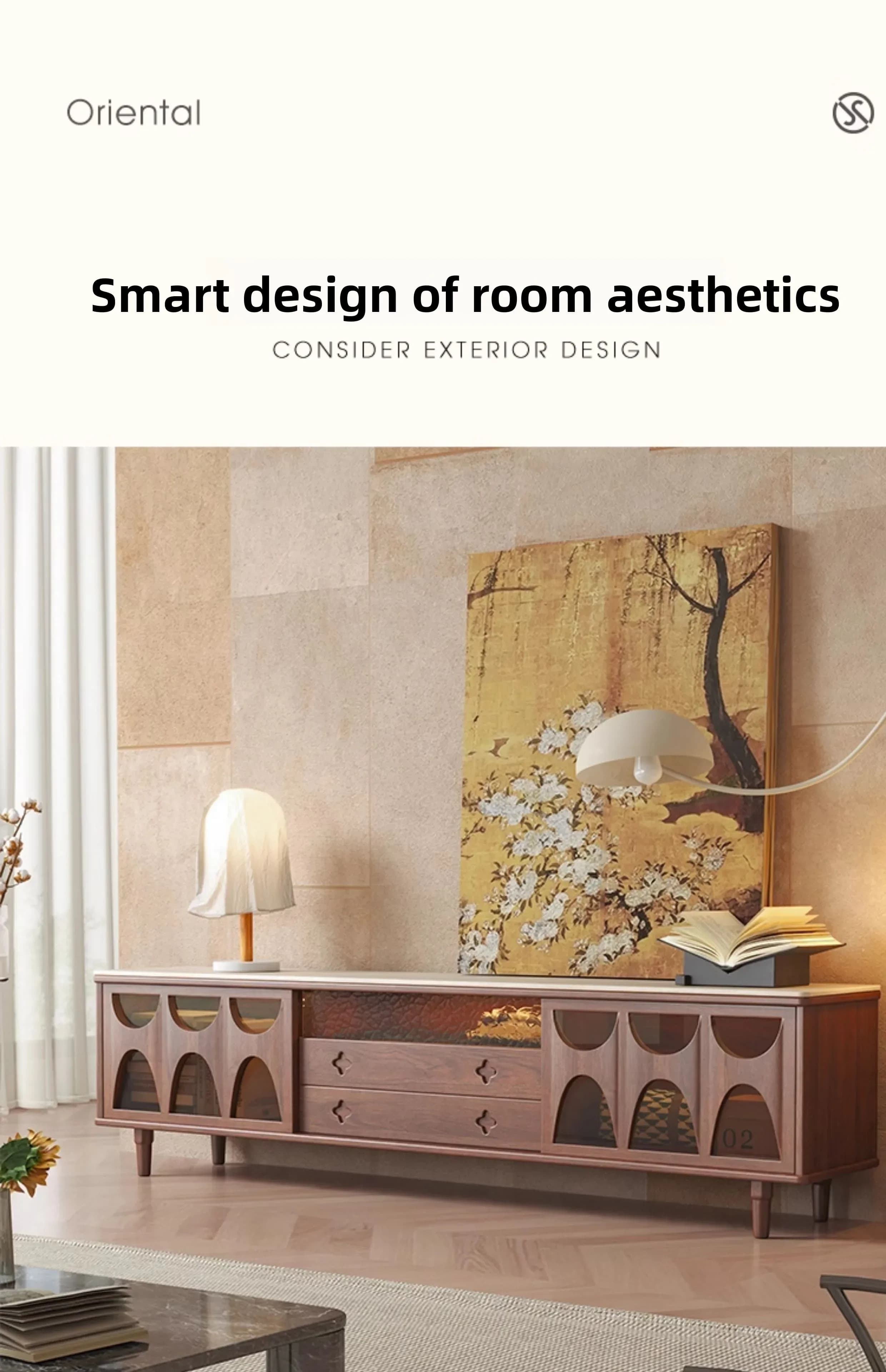 i10.9- TV Cabinet North American Black Walnut Solid Wood Living Room Floor-Standing Travertine Stone Small Apartment Storage