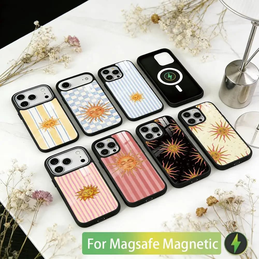 Sun Motif Phone Case For iPhone17,16,15,14,13,12,11 Plus,Pro Magnetic with Magsafe Wireless Charging