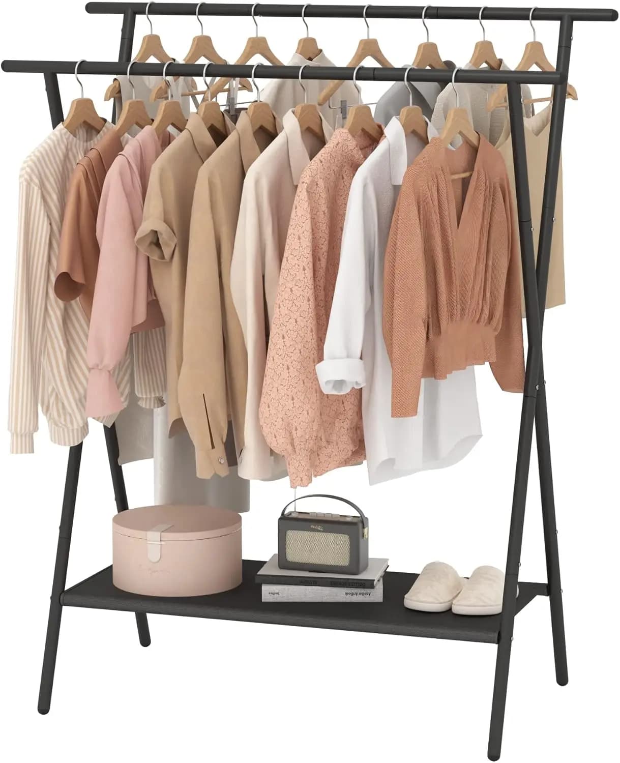 Portable Double Rod Clothing Rack with Oxford Cloth Shelves Black Metal Garment Hanging Rack for Living Room Usepromote sales