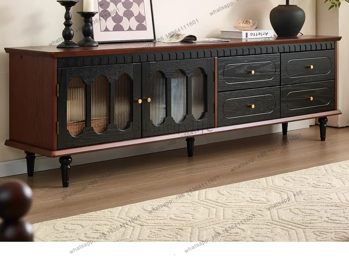 French retro solid wood TV cabinet storage cabinet medieval style flooring American style