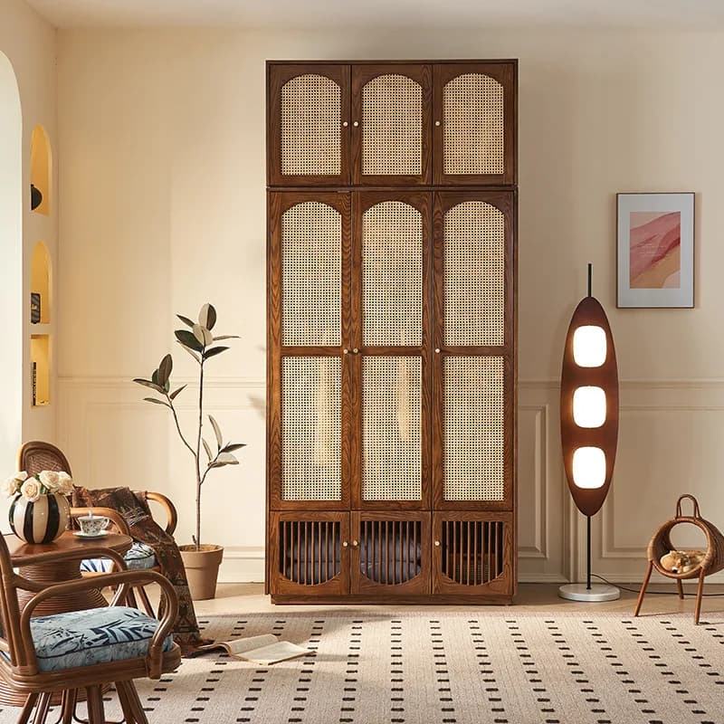 CX medieval rattan solid wood wardrobe combination large capacity multi-functional partition bedroom storage cabinet