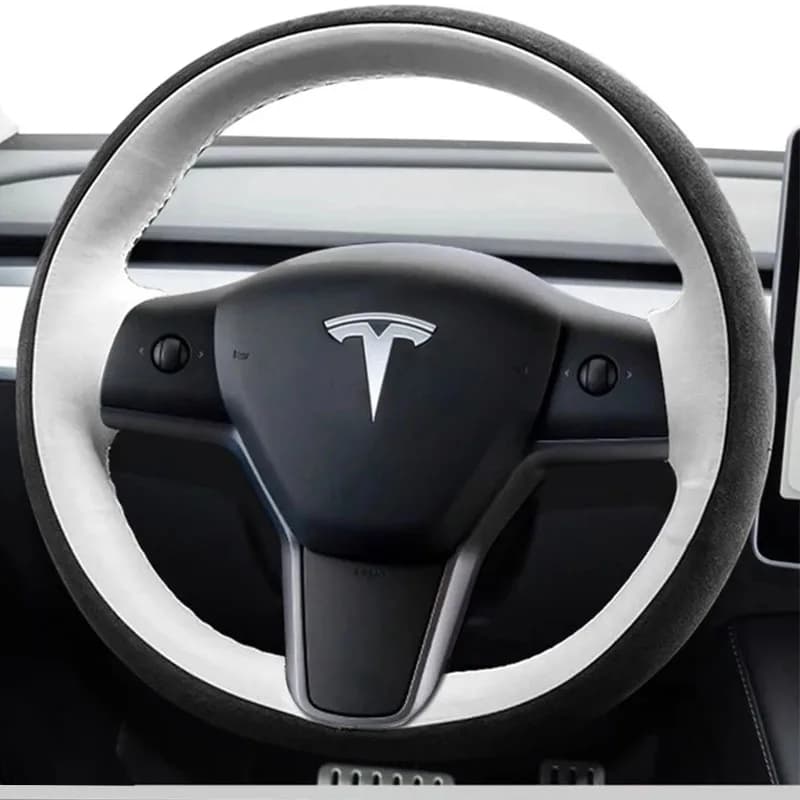 Hand Stitched Black White Genuine Leather Suede Car Steering Wheel Cover For Tesla Model 3 2015-2021 Model Y 2019-2021