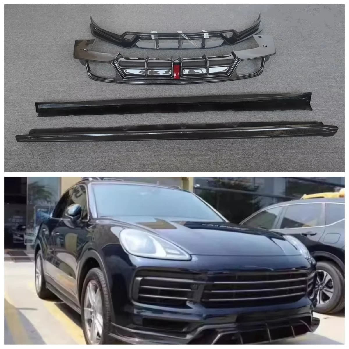 Used for Porsche Cayenne Modification with True Carbon Fiber C-style Front Bumper Lip Rear Diffuser Side Skirt Body Kit