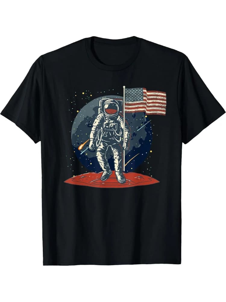 US Flag Astronaut Space Independence Day 4th of July design-100% cotton O-neck short sleeve casual printed men's T-shirt.