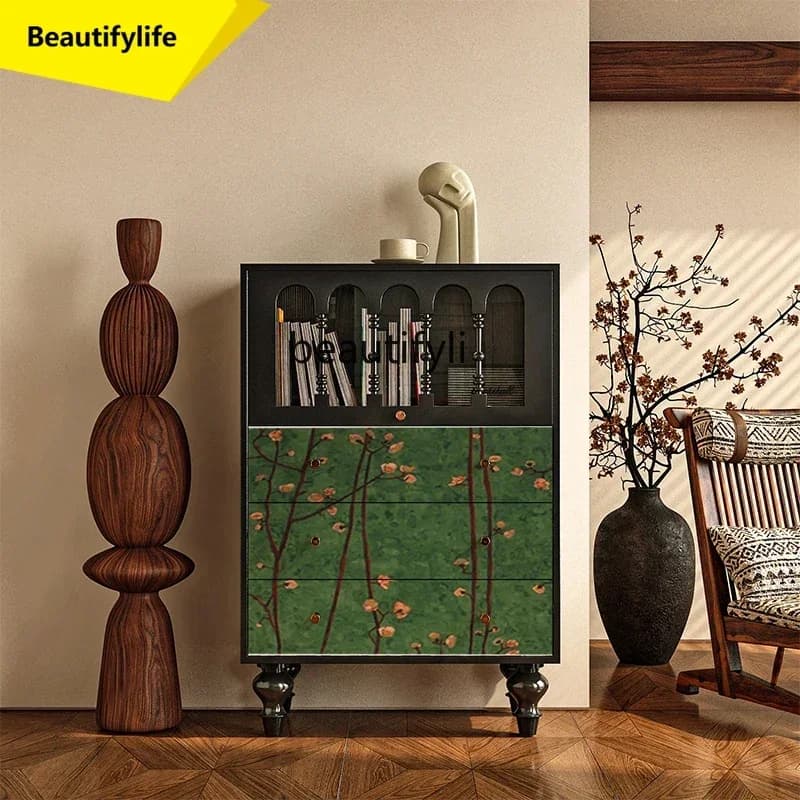 Q181 Medieval solid wood tipping bucket cabinet, bookcase next to the sofa in the living room, wall storage decorative cabinet