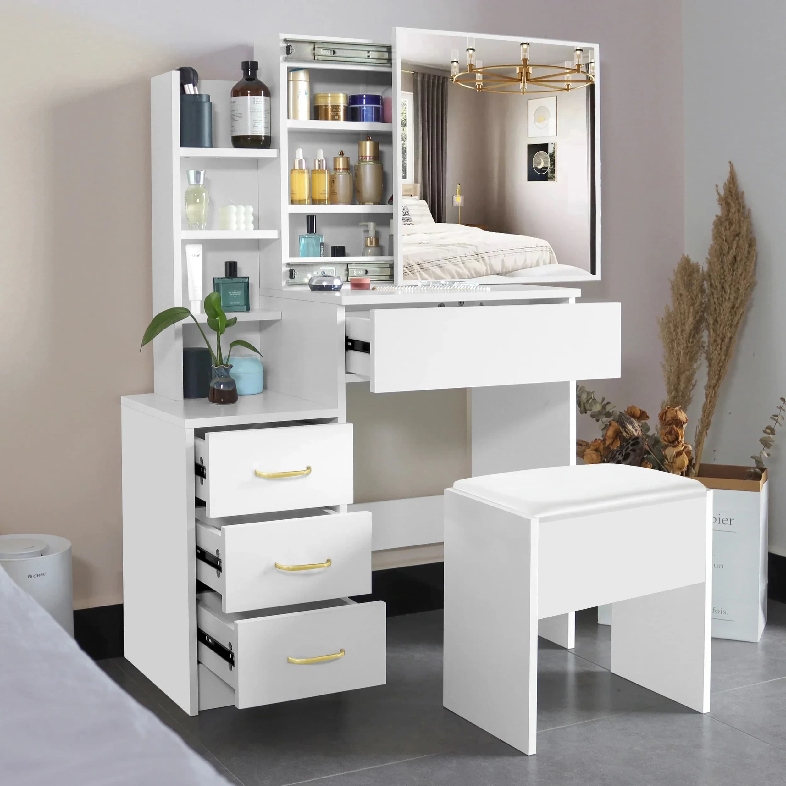 Bedroom Furniture Dressing Table with Sliding Mirror Stool Makeup Vanities for Bathroom and Hall for Bedroom Use
