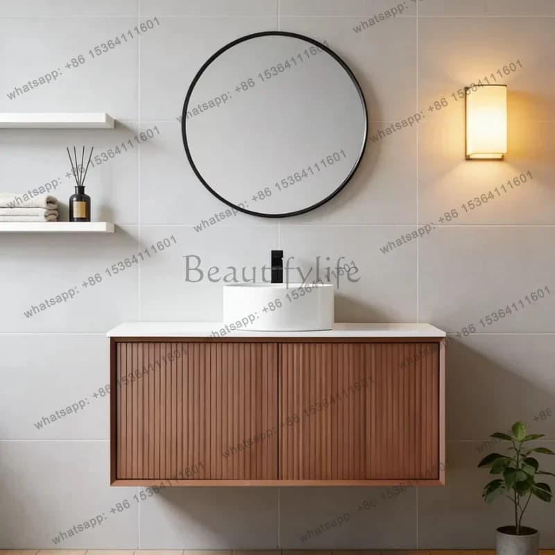 Solid wood bathroom cabinet marble countertop small apartment hanging cabinet washbasin hanging bathroom cabinet