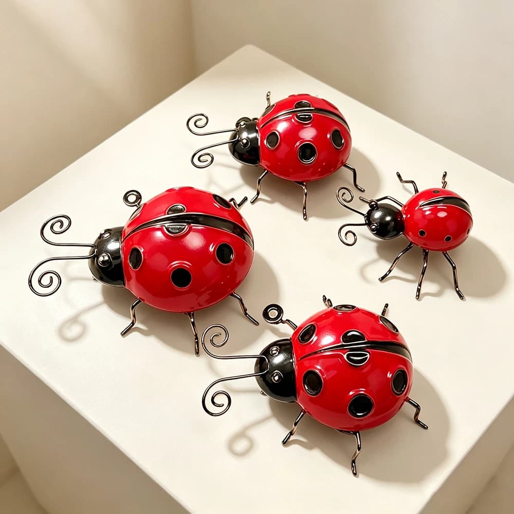Iron Ladybug Decorative Figurine, Cute Cartoon Insect Statue, Home Decor Desktop Ornament, Wall Hanging Craft for Garden