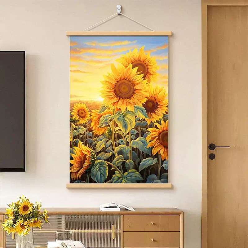 Healing Sunflower Wall Art, Soothing Countryside Landscape Scroll, Room Decor Aesthetic for Living Room, Bedroom & Dining Room