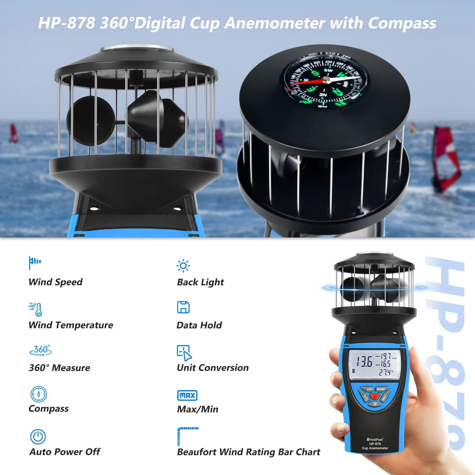 Handheld Cup Anemometer, 360° Omni-Directional Measurement, HP-878 Wind Speed Tester Tools, For Windsurfing, Sailing & Fishing