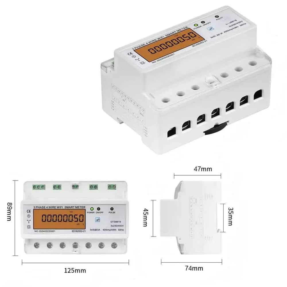 DIN Rail KWh Meter 3 Phase 4 Wire WiFi Smart Energy Meter Tuya APP Monitor Voltage Current Power Factor Frequency 5(80)A/5(100)A