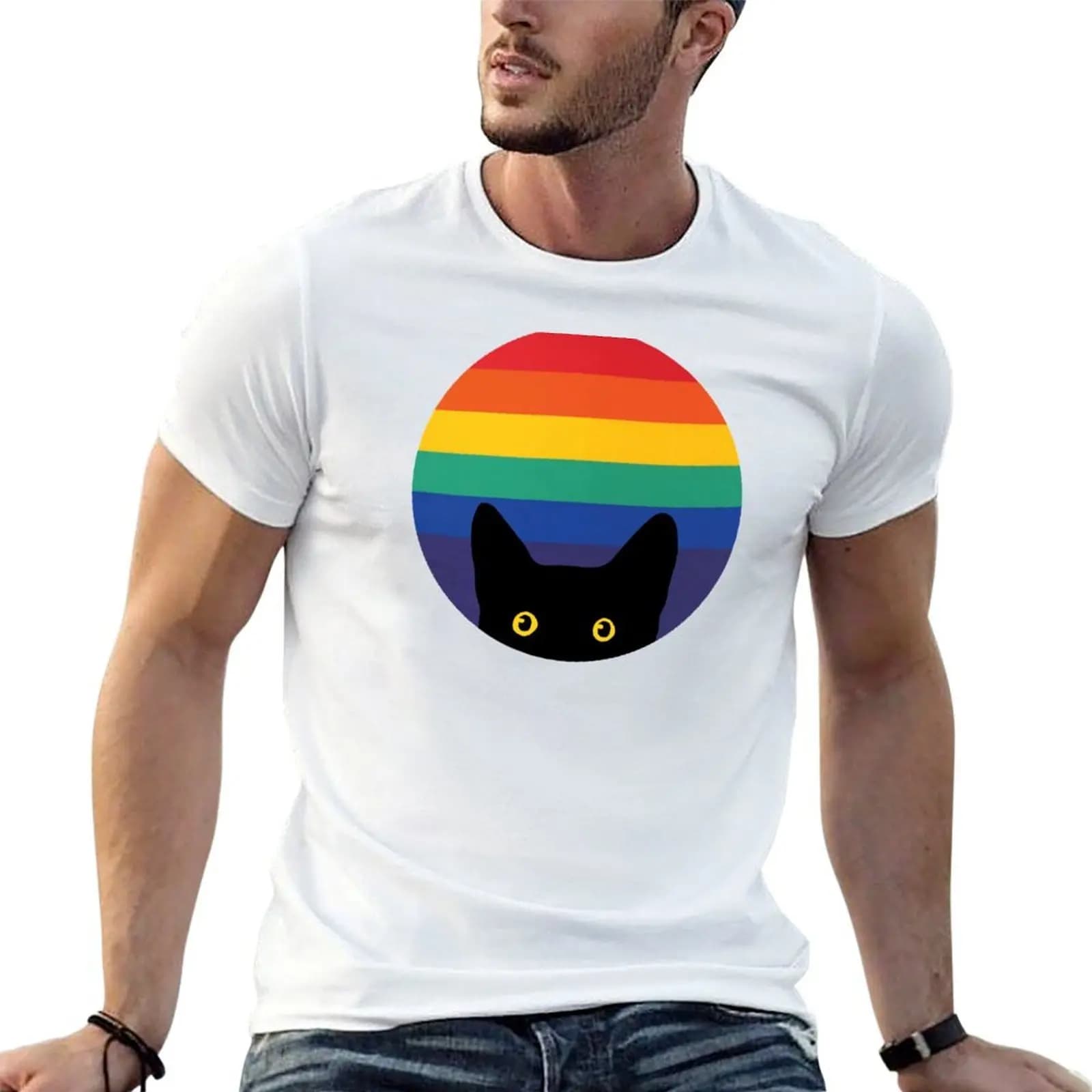 Peeking Cat in Rainbow Circle T-Shirt street wear new gifts and t-shirts mens t shirts