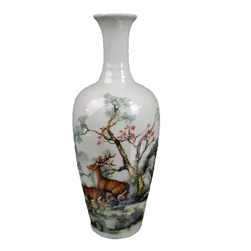 Chinese Old Porcelain Pink Deer Pattern Long Neck Bottle Vase Traditional Decorative Floor Standing  collectibles