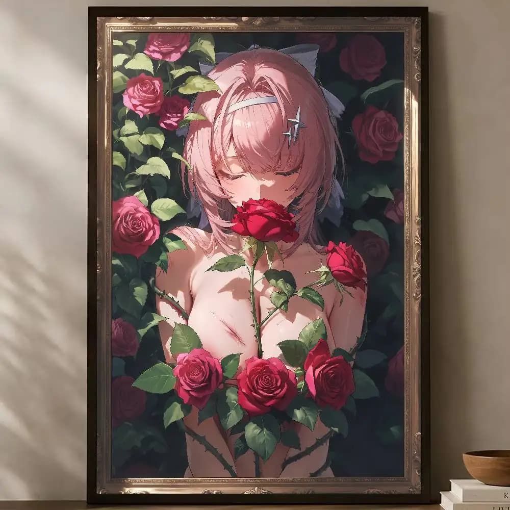 Hot Fashion Anime Girl Wall Poster, Closed‑Eyes Pink Hair Girl Surrounded By Red Roses Art Print Bedroom Living Room Home Decor